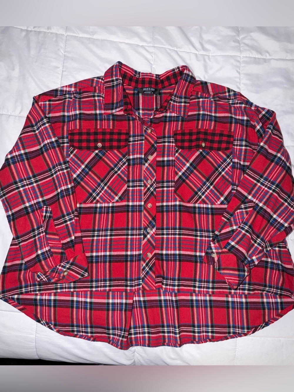 Red Plaid Flannel Cropped Long Sleeve Button Up Shirt - 2X